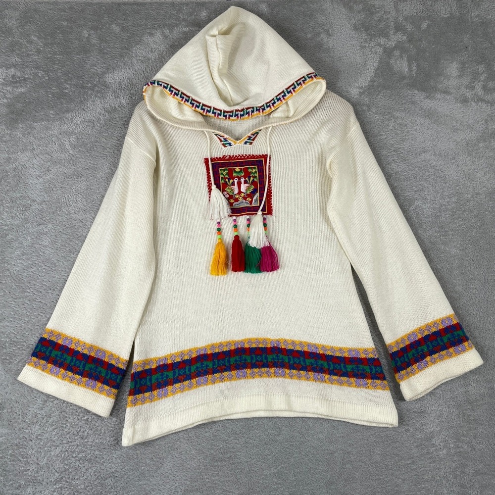 Vintage Melange Knit Hoodie Womens Large Southwestern Bird Tassel Boho 80s‎